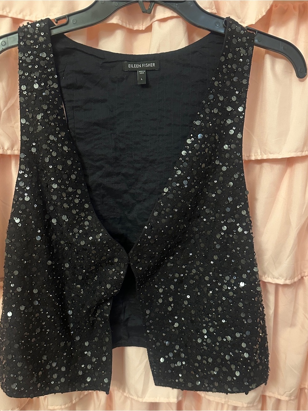 Eileen Fisher Black Sequin Open-Front Vest 100% Silk Shell Size Large